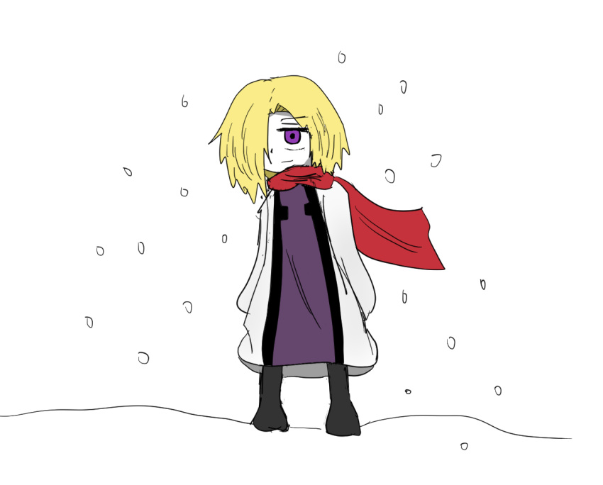 1girl arms_at_sides blonde_hair closed_mouth hair_over_one_eye koishi_komeiji's_heart-throbbing_adventure non-web_source one_eye_covered purple_eyes red_scarf scarf snow solo standing touhou wind yakumo_yukari