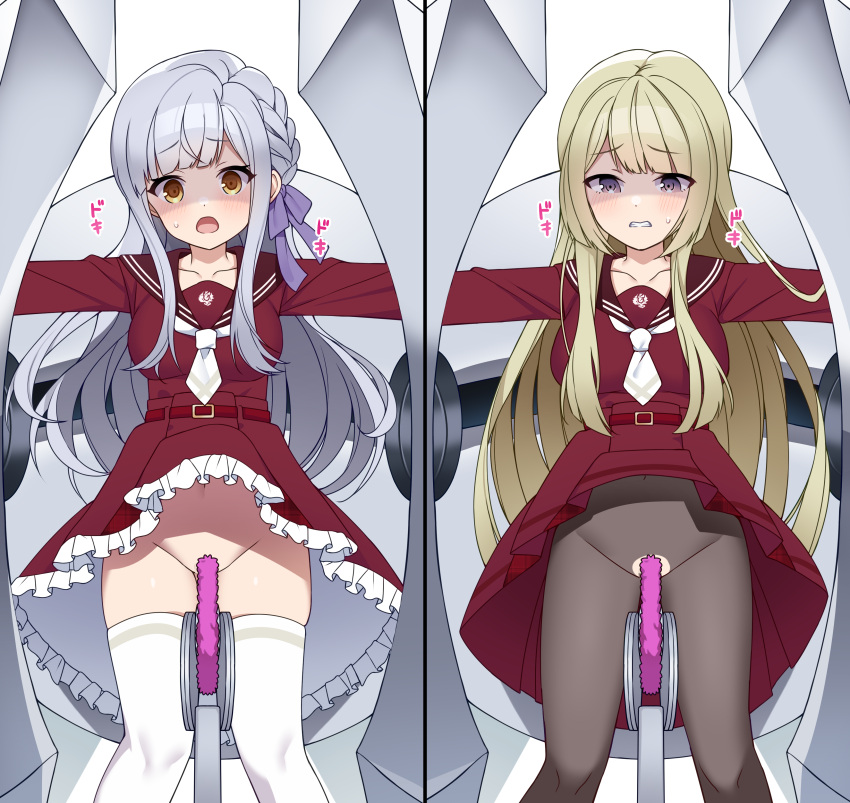 2girls absurdres assault_lily belt belt_buckle blonde_hair blunt_bangs blush braid brown_pantyhose brown_sailor_collar buckle clenched_teeth clothes_lift collarbone commentary_request commission feet_out_of_frame frilled_skirt frills grey_hair hair_ribbon hands_up high-waist_skirt highres imminent_penetration imminent_vaginal kanba_girls_high_school_uniform kon_kanaho long_hair long_sleeves looking_at_viewer miniskirt miyagawa_takane monster multiple_girls navel necktie no_panties open_mouth outstretched_arms pantyhose parted_lips purple_eyes purple_ribbon raised_eyebrows red_belt red_shirt red_skirt restrained ribbon sailor_collar school_uniform serafuku sex_machine shaded_face shirt short_necktie side_braid sidelocks simple_background single_braid skeb_commission skirt skirt_lift standing sweatdrop teeth thighhighs torn_clothes torn_pantyhose umi!_(umidigda_kawaii) very_long_hair white_background white_necktie white_thighhighs yellow_eyes