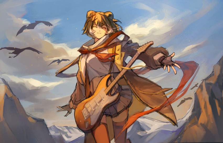 1girl animal_ears arknights bear_ears bear_girl bird black_coat black_gloves blue_skirt blue_sky brown_hair chinese_commentary closed_eyes cloud coat commentary_request cropped_shirt electric_guitar feet_out_of_frame fingerless_gloves gloves guitar instrument leto_(arknights) long_sleeves looking_at_viewer mountainous_horizon multicolored_hair neckerchief ningjiu_9 outdoors outstretched_hand pleated_skirt red_neckerchief red_scarf red_thighhighs scarf shirt sketch skirt sky smile solo streaked_hair suspenders thighhighs white_hair white_shirt