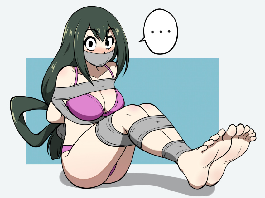 ... 1girl arms_behind_back asui_tsuyu barefoot black_eyes blush boku_no_hero_academia bound bound_legs bra breasts cleavage cloth_gag collarbone feet full_body gag gagged green_hair improvised_gag jam-orbital long_hair looking_at_viewer over_the_nose_gag panties pink_bra pink_panties restrained simple_background soles solo tape tape_bondage tape_gag toes underwear