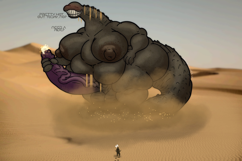 absurd_res anthro balls big_balls big_butt big_penis blush bodily_fluids butt cum desert detailed_background dialogue digital_drawing_(artwork) digital_media_(artwork) dominogooper dune_(series) duo_focus dust_cloud extreme_size_difference foreskin genital_fluids genitals grey_body group hi_res huge_balls huge_butt huge_penis hyper hyper_balls hyper_butt hyper_genitalia hyper_penis leaking_cum long_neck long_tail macro male masturbation morbidly_obese nipples noss_(dominogooper) nude obese outside overweight penis sand sandworm size_difference smile tail vein veiny_penis