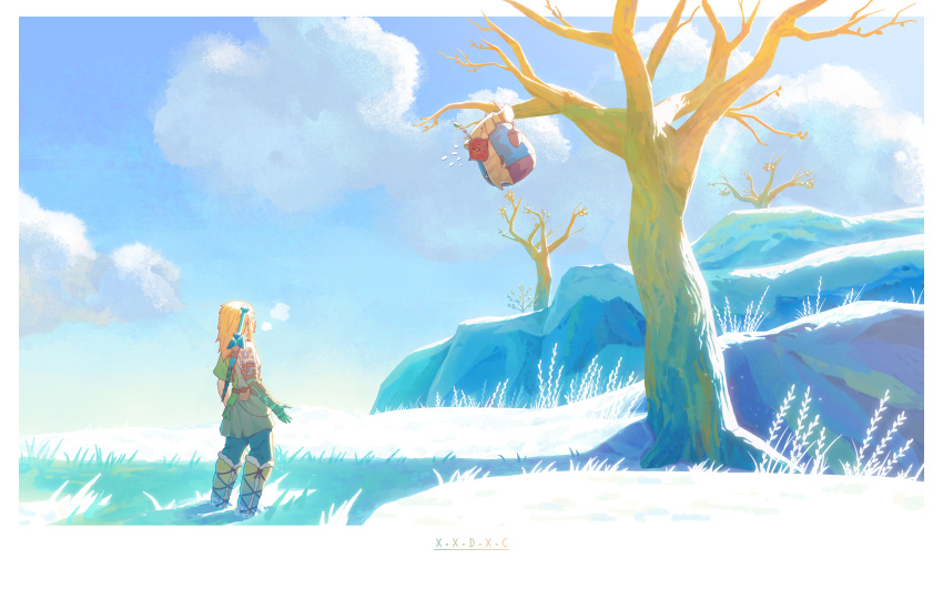 1boy absurdres bare_tree blue_sky boots cloud cloudy_sky highres korok light_brown_hair link medium_hair outdoors plant scenery sky snow sunlight sword sword_on_back the_legend_of_zelda tree weapon weapon_on_back x.x.d.x.c