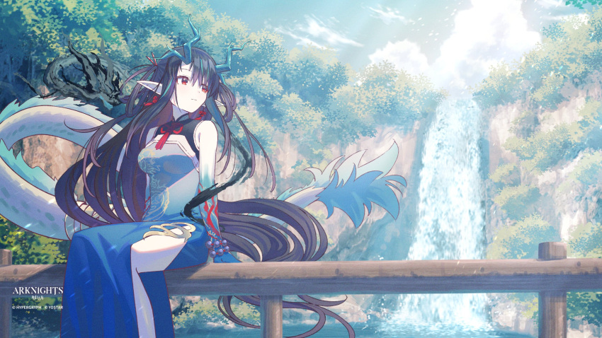 1girl :| arknights arms_at_sides black_hair blue_dress blue_hair bracelet china_dress chinese_clothes chinese_knot closed_mouth cloud cloudy_sky colored_skin dot_nose dragon_girl dragon_horns dragon_print dragon_tail dress dusk_(arknights) dusk_(everything_is_a_miracle)_(arknights) feet_out_of_frame highres horns jewelry koh_rd light_particles looking_to_the_side multicolored_hair official_art on_railing pointy_ears print_dress railing red_eyes side_slit sitting sky sleeveless sleeveless_dress solo streaked_hair tail tree water waterfall