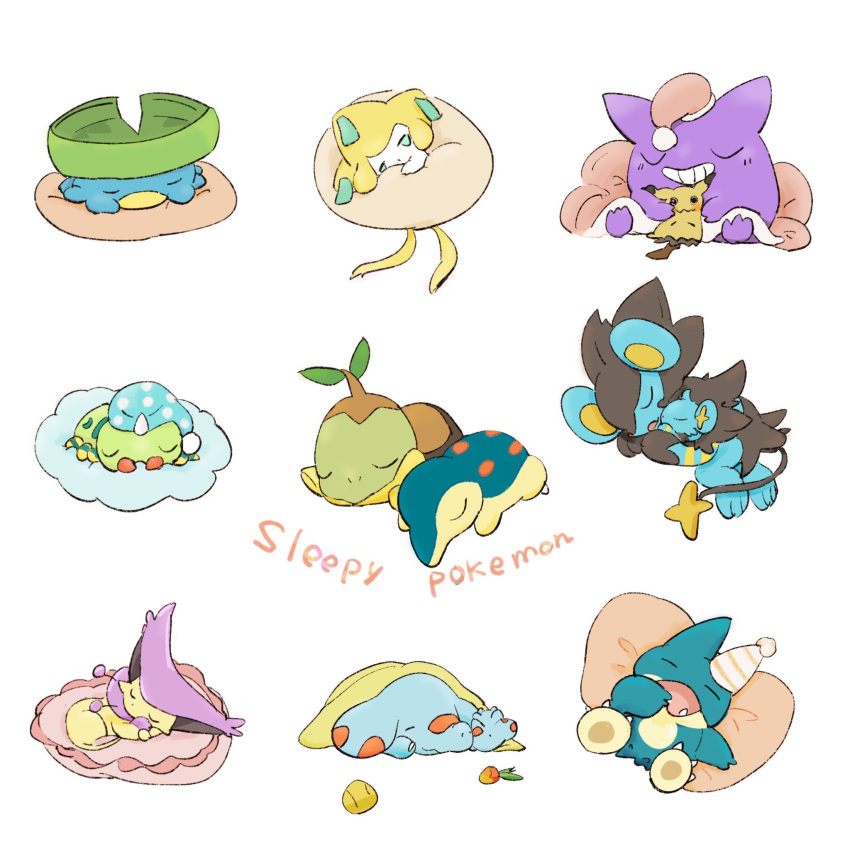 berry_(pokemon) blanket closed_eyes closed_mouth cyndaquil delcatty food gengar grin hat highres holding jirachi lotad luxray lying macco0928 mimikyu munchlax nightcap no_humans on_back on_side on_stomach open_mouth phanpy pokemon pokemon_(creature) shinx simple_background sitting sleeping smile spinarak stuffed_toy turtwig white_background