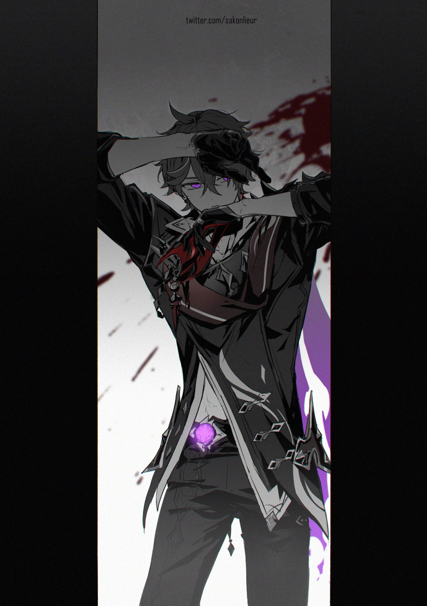 1boy ahoge arms_up artist_name belt blood blood_splatter cape collared_shirt cowboy_shot crossed_bangs dangle_earrings delusion_(genshin_impact) earrings genshin_impact gloves glowing glowing_eyes gradient_background grey_background greyscale hair_between_eyes half_gloves highres holding holding_mask jacket jewelry long_sleeves looking_at_viewer male_focus mask monochrome pants parted_lips pillarboxed popped_collar purple_cape purple_eyes red_mask ring sakon04 scarf shirt short_hair simple_background single_earring sleeves_rolled_up solo spot_color standing tartaglia_(genshin_impact) twitter_username unworn_mask white_background