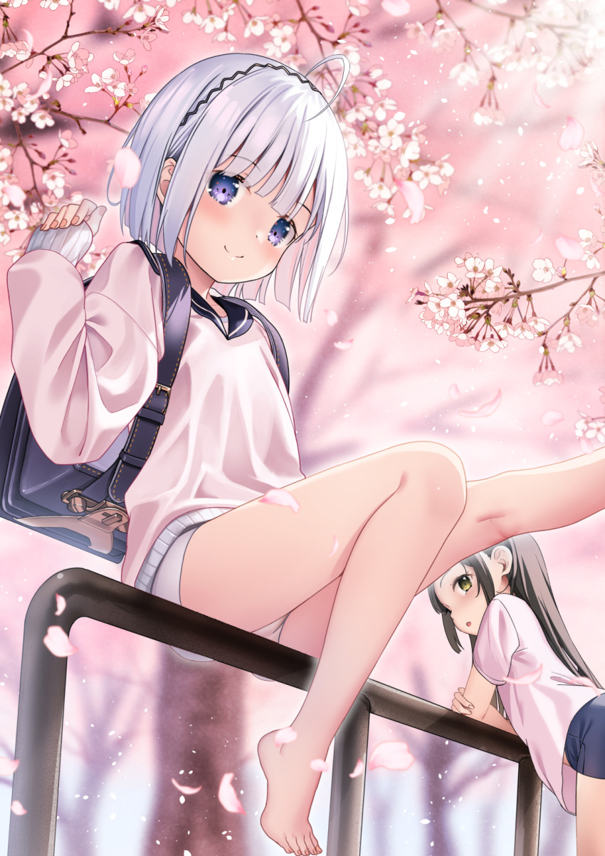 2girls :o ahoge backpack bag bare_legs barefoot black_hair black_sailor_collar blue_shorts blurry blurry_background blush branch brown_eyes cherry_blossoms closed_mouth commentary_request day depth_of_field flower grey_hair highres long_hair long_sleeves multiple_girls on_railing original outdoors parted_lips pinching_sleeves pink_shirt puffy_long_sleeves puffy_sleeves purple_eyes railing randoseru sailor_collar shirt short_hair shorts sitting sleeves_past_wrists smile tree very_long_hair white_flower white_shorts yan_(nicknikg)