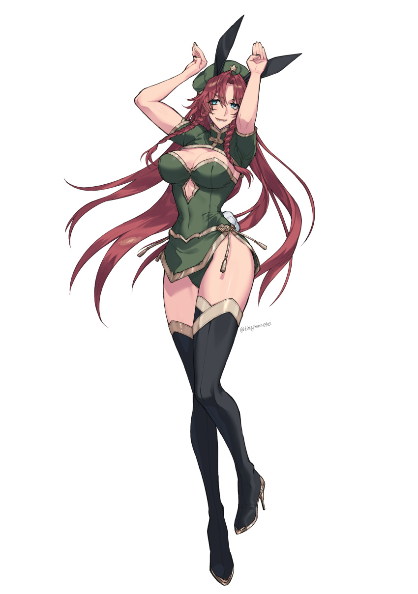 1girl animal_ears aqua_eyes ass beret boots braid breasts cleavage fake_animal_ears full_body gold_trim green_hat green_nails hat hat_ornament high_heels highres himadera hong_meiling large_breasts leotard loincloth long_hair playboy_bunny rabbit_ears rabbit_pose red_hair shrug_(clothing) simple_background smile solo star_(symbol) star_hat_ornament strapless strapless_leotard thigh_boots thighs touhou twin_braids very_long_hair white_background