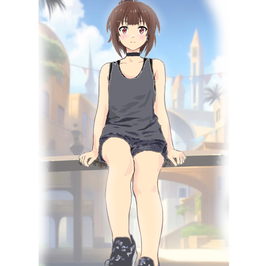 1girl bare_shoulders black_choker black_hair blue_shorts blush brown_hair choker closed_mouth day grey_shirt highres kono_subarashii_sekai_ni_shukufuku_wo! looking_at_viewer megumin mizumori_keiichi outdoors red_eyes shirt shoes short_hair shorts sitting sneakers solo t-shirt town