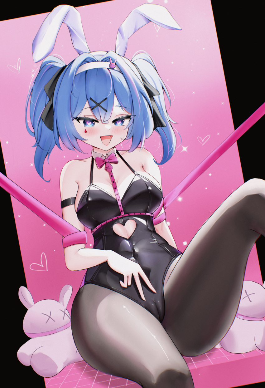 1girl absurdres animal_ears bare_shoulders black_pantyhose blue_eyes blue_hair blush bow cameltoe collarbone hair_ornament hairclip hatsune_miku heart heart_in_eye highres leotard long_hair open_mouth pantyhose pink_bow playboy_bunny rabbit_ears rabbit_hole_(vocaloid) ryze_(7544) short_hair solo symbol_in_eye twintails vocaloid