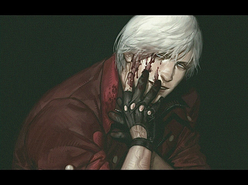 1boy bishounen black_gloves bleeding_from_forehead blood blood_on_clothes blood_on_face blood_on_gloves blue_eyes chomuun coat creator_connection dante_(devil_may_cry) devil_may_cry_(series) devil_may_cry_4 facial_hair fading fingerless_gloves gloves hand_on_own_face looking_at_viewer male_focus muscular muscular_male parody perfect_blue red_coat scene_reference smile solo white_hair