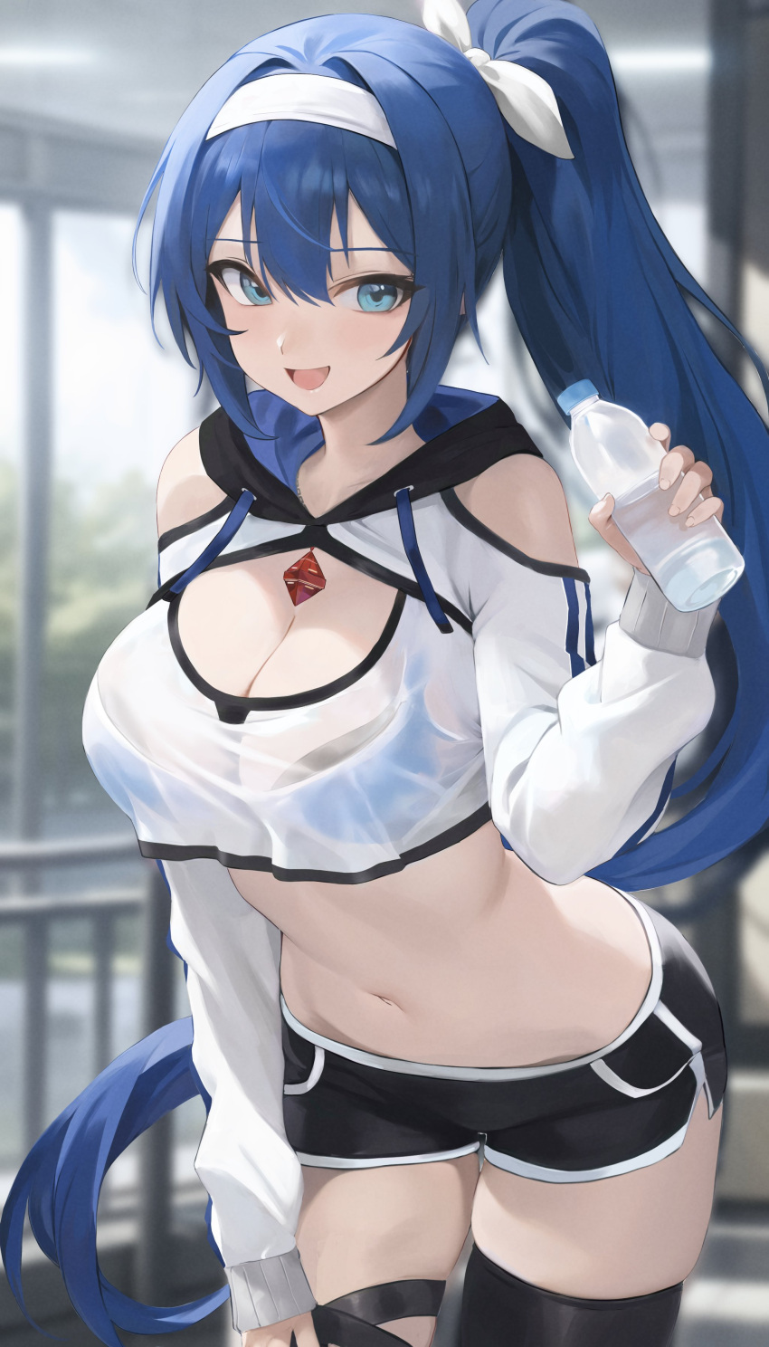 1girl :d absurdres alyssa_(specktech) black_shorts black_thighhighs blue_eyes blue_hair bottle bow breasts cleavage cleavage_cutout clothing_cutout cowboy_shot cropped_hoodie hair_bow hairband highres holding holding_bottle hood hoodie indoors long_hair long_sleeves looking_at_viewer open_mouth original ponytail preview_(preview0) second-party_source shorts shoulder_cutout smile solo standing thighhighs tongue water_bottle white_bow white_hairband