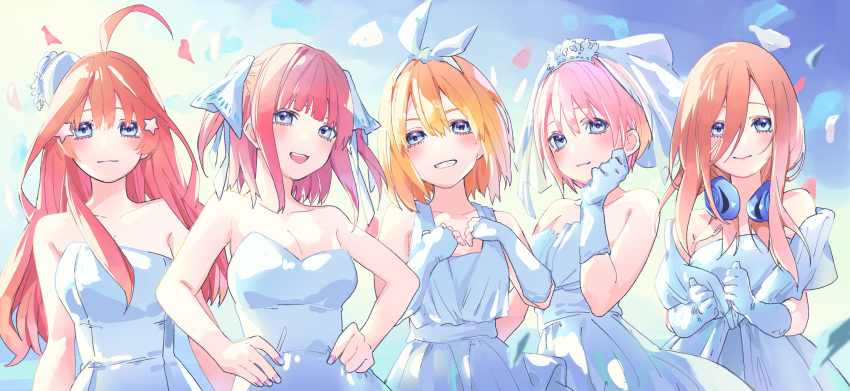 5girls :d absurdres ahoge arms_at_sides bare_arms bare_shoulders blue_background blue_eyes blunt_bangs blush bridal_veil brown_hair closed_mouth collarbone commentary cowboy_shot dress enpera eyebrows_hidden_by_hair eyelashes fingerless_gloves gloves go-toubun_no_hanayome grin hair_between_eyes hair_ornament hair_ribbon hand_up hands_on_own_hips hands_up happy headphones headphones_around_neck highres long_hair looking_at_viewer medium_hair multiple_girls nail_polish nakano_ichika nakano_itsuki nakano_miku nakano_nino nakano_yotsuba open_mouth orange_hair pink_hair purple_nails quintuplets red_hair ribbon short_hair siblings side-by-side sidelocks simple_background sisters sleeveless sleeveless_dress smile star_(symbol) star_hair_ornament straight_hair strapless strapless_dress tiara two_side_up valentine_(02140314c) veil white_dress white_gloves white_ribbon