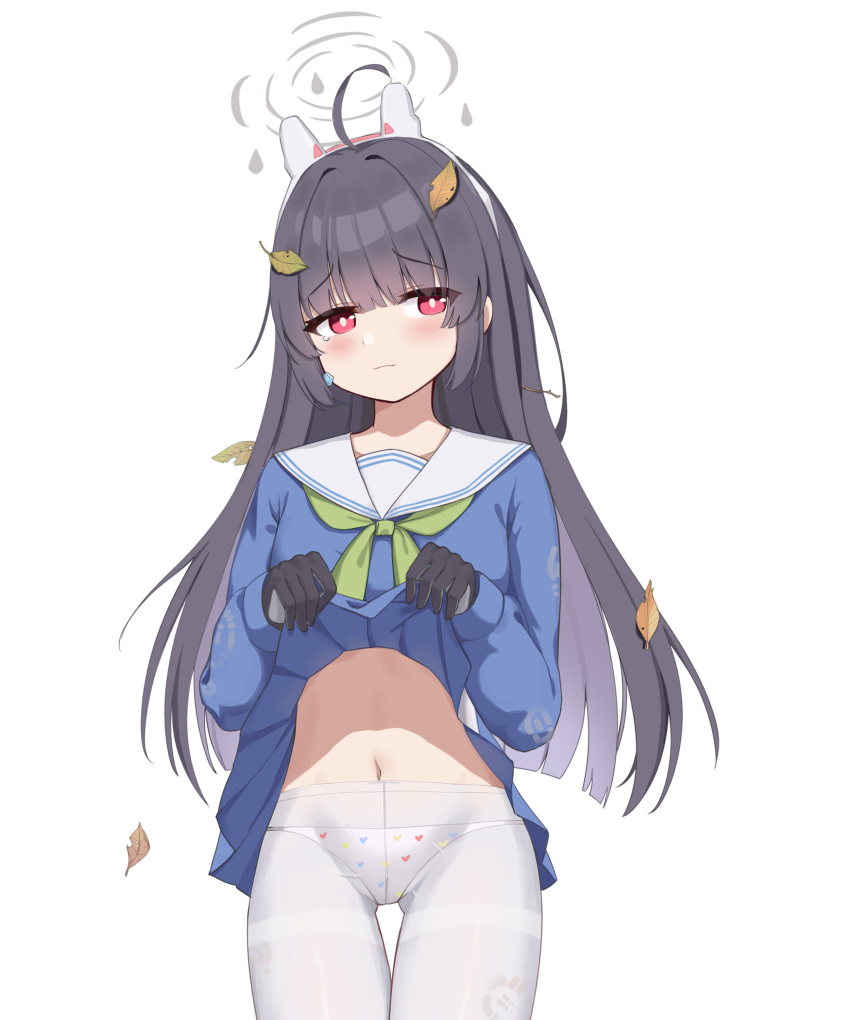 1girl absurdres ahoge animal_ears ass_visible_through_thighs black_gloves black_hair blue_archive blue_serafuku blue_skirt blunt_bangs clothes_lift collarbone commentary_request fake_animal_ears gloves green_neckerchief hairband halo head_tilt highres leaf leaf_on_head lifted_by_self long_hair long_sleeves looking_at_viewer miyu_(blue_archive) navel neckerchief panties panties_under_pantyhose pantyhose pleated_skirt print_panties rabbit_ears red_eyes school_uniform serafuku shi'er_jiang sidelocks simple_background skirt skirt_lift solo stomach tearing_up underwear white_background white_pantyhose