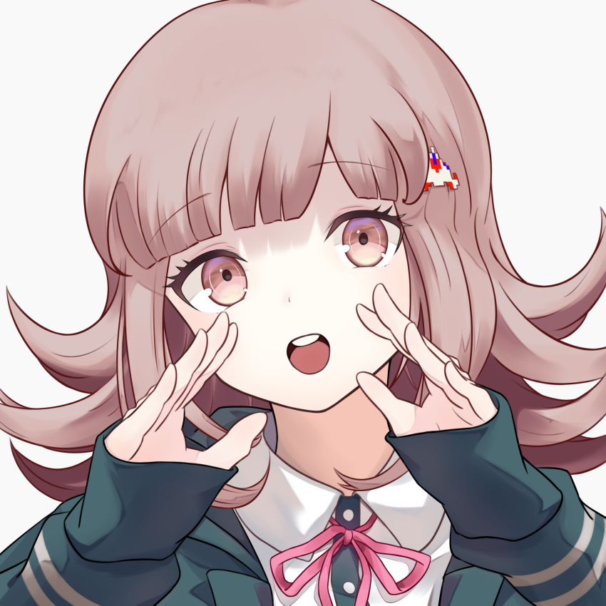 1girl :o bangs black_jacket commentary_request danganronpa dot_nose eyebrows_visible_through_hair face flipped_hair hair_ornament hairclip highres jacket light_brown_hair long_sleeves nanami_chiaki open_clothes open_jacket open_mouth pink_eyes pink_neckwear shirt short_hair simple_background solo super_danganronpa_2 upper_teeth white_background white_shirt y3010607