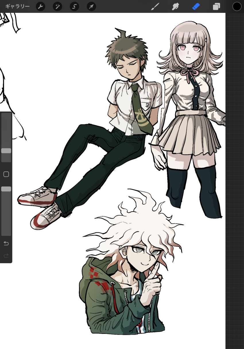 1girl 2boys ahoge black_pants black_thighhighs blunt_bangs breasts brown_skirt closed_mouth collarbone collared_shirt cropped_legs cropped_torso danganronpa_(series) danganronpa_2:_goodbye_despair dress_shirt green_necktie highres hinata_hajime komaeda_nagito medium_breasts medium_hair miniskirt multiple_boys nanami_chiaki neck_ribbon necktie no_jacket pants pink_eyes pink_ribbon pleated_skirt ribbon shirt shoes short_hair skirt standing thighhighs uranagi_(uranaginasi) white_background zettai_ryouiki