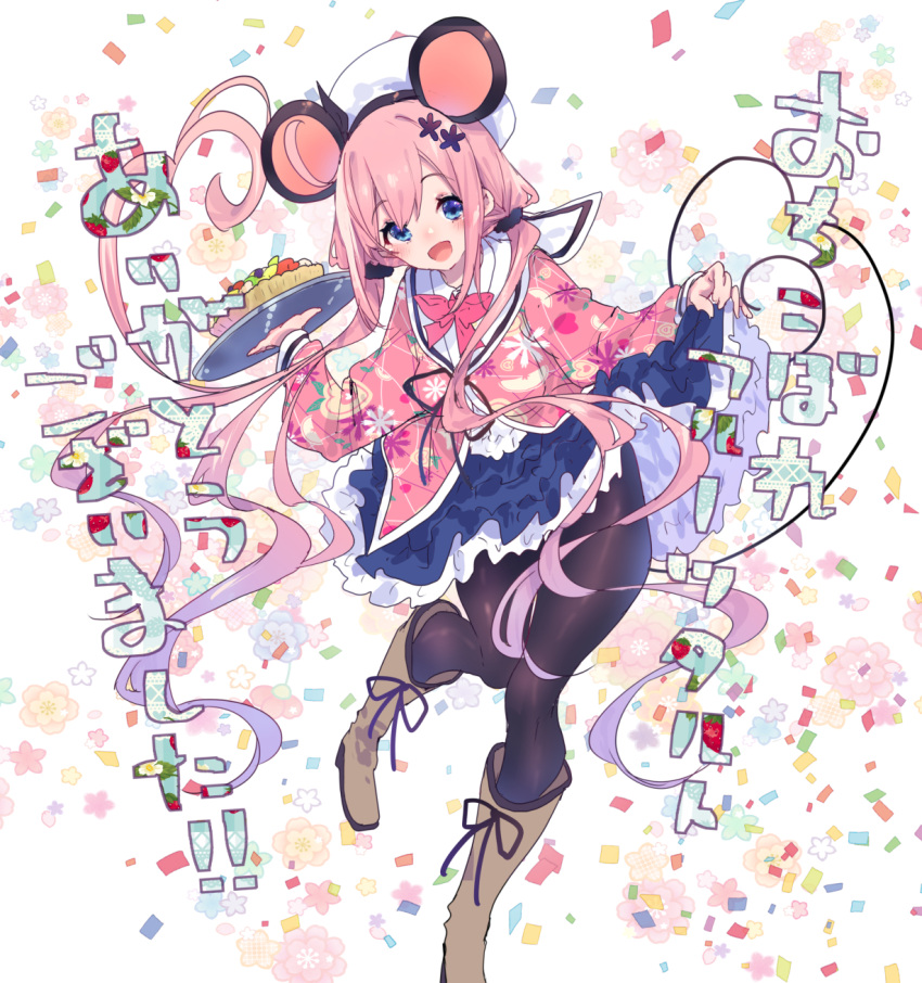 1girl :d animal_ears black_flower black_pantyhose black_scrunchie blue_skirt blush boots bow bowtie brown_footwear commentary_request confetti copyright_name fake_animal_ears floral_print flower food frilled_skirt frills fruit_tart full_body hair_flower hair_ornament hair_scrunchie hamayumiba_sou highres holding holding_tray jacket knee_boots long_hair long_sleeves looking_at_viewer low_twintails miniskirt mouse_ears ochikobore_fruit_tart open_mouth pantyhose pink_bow pink_bowtie pink_hair pink_jacket sakura_ino scrunchie skirt skirt_hold smile solo swept_bangs tart_(food) thank_you translation_request tray twintails very_long_hair white_background