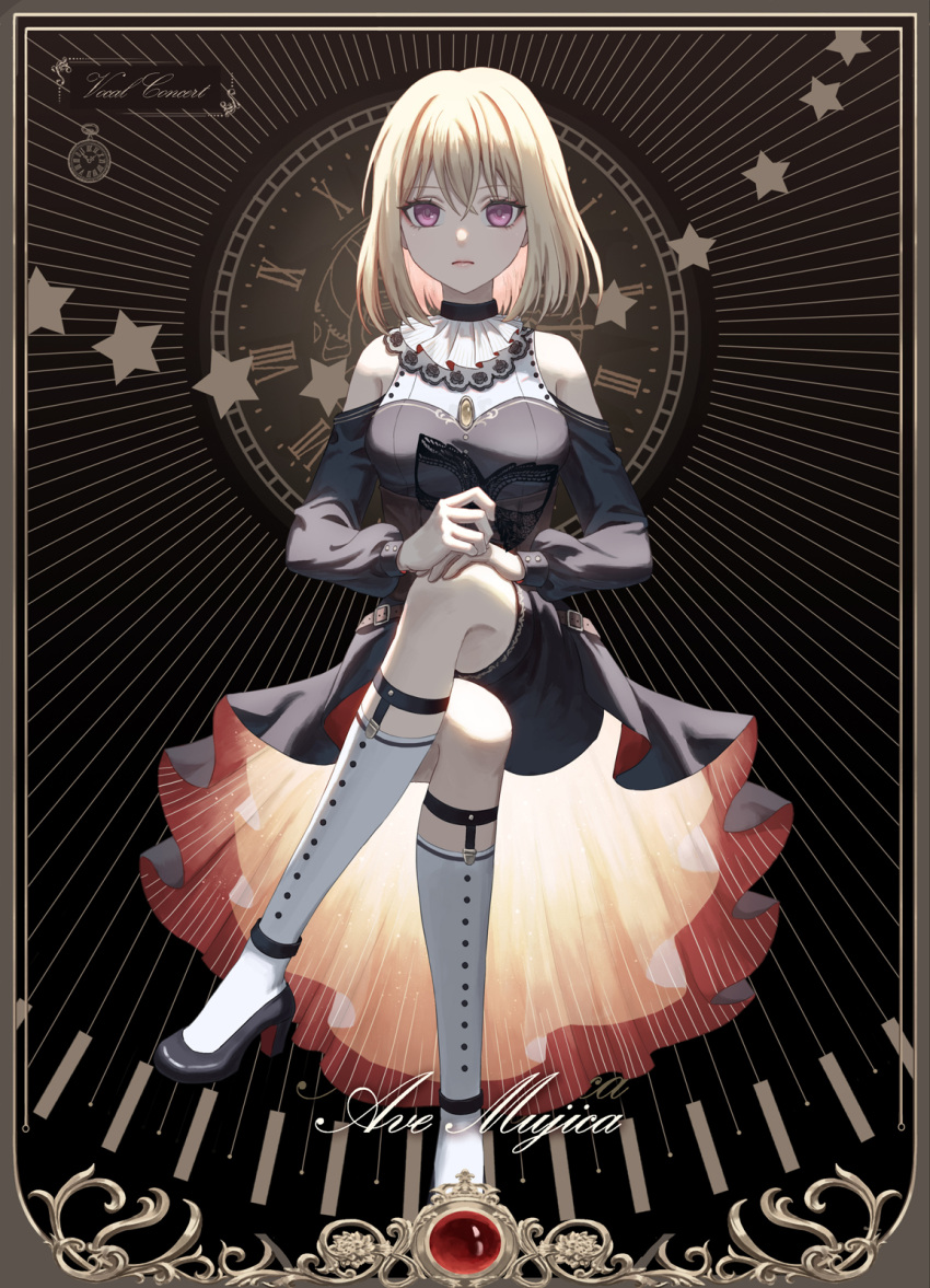1girl ascot bang_dream! bang_dream!_it's_mygo!!!!! black_background black_dress black_footwear black_shorts blonde_hair chinese_commentary clock closed_mouth clothing_cutout commentary_request cursive dress english_text expressionless full_body high_heels highres invisible_chair kneehighs long_sleeves medium_hair misumi_uika purple_eyes shorts shoulder_cutout sitting socks solo star_(symbol) white_ascot white_socks xukong