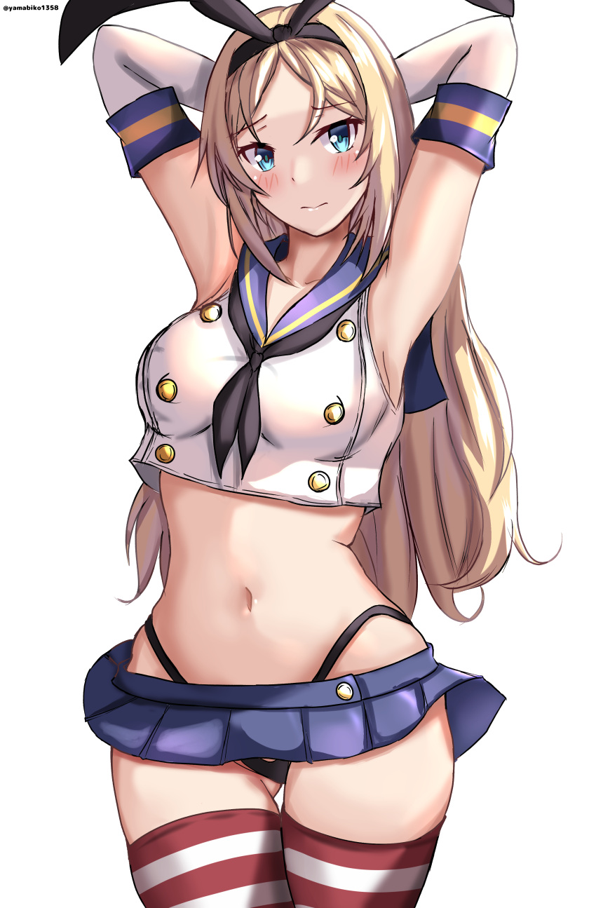 1girl absurdres arms_behind_head black_hairband black_neckerchief black_panties blonde_hair blue_eyes blue_sailor_collar blue_skirt blush breasts cosplay crop_top elbow_gloves gloves hairband highleg highleg_panties highres kantai_collection large_breasts long_hair looking_at_viewer microskirt mizuki_(uzuki_no_sato) neckerchief nelson_(kancolle) one-hour_drawing_challenge panties sailor_collar shimakaze_(kancolle) shimakaze_(kancolle)_(cosplay) skirt solo striped_clothes striped_thighhighs thighhighs underwear white_gloves