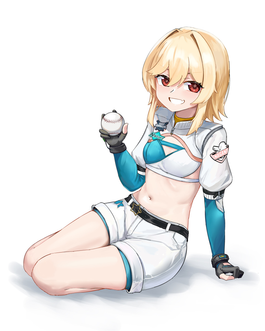 1girl absurdres arm_support ball black_gloves blonde_hair breasts chinese_commentary fang girls'_frontline girls'_frontline_2:_exilium gloves hair_between_eyes hair_intakes highres holding holding_ball looking_at_viewer medium_hair nagant_revolver_(girls'_frontline) navel official_alternate_costume parted_lips partially_fingerless_gloves red_eyes shenqi_xiaohuang shorts simple_background sitting skin_fang small_breasts solo white_background white_shorts