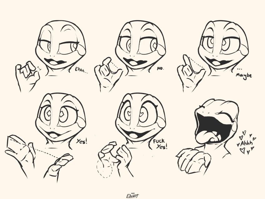 amphibian andromorph_(lore) anthro aroused aroused_smile big_mouth_(anatomy) dialogue diamond_pupils ebvert english_text fellatio_gesture frog gesture heart_pupils hi_res hinato_(wayesh) male monochrome open_mouth suggestive suggestive_gesture text tongue tongue_out unimpressed