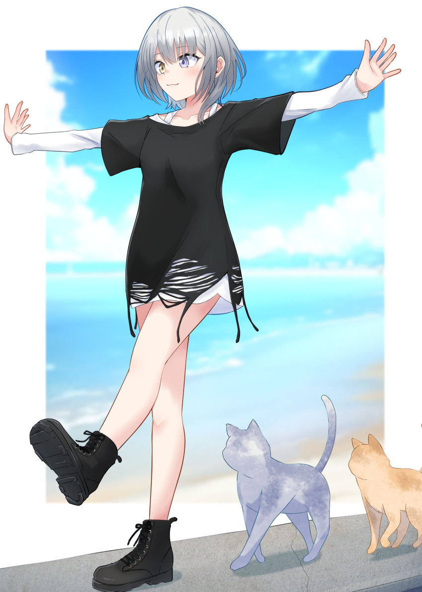 1girl :3 balancing bang_dream! bang_dream!_it's_mygo!!!!! black_footwear blue_eyes blue_sky blush closed_mouth cloud commentary_request day fukumaru1021 grey_cat heterochromia highres kaname_raana layered_sleeves long_sleeves medium_hair ocean orange_cat outdoors outstretched_arms short_over_long_sleeves short_sleeves shorts sky smile solo standing standing_on_one_leg white_hair white_shorts yellow_eyes