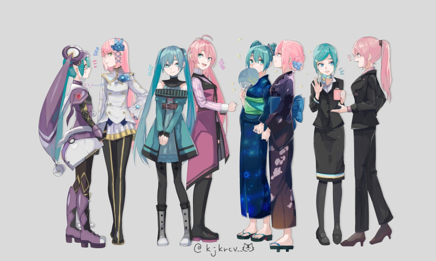 2girls :d akatsuki_arrival_(vocaloid) antenna_hair aqua_eyes aqua_hair aqua_nails avant-garde_(module) black_footwear black_pantyhose blue_kimono blue_nails blush boots brown_footwear commentary_request cosplay double_bun dress flight_attendant fonewearl_style_(module) full_body geta green_eyes grey_background hair_bun hair_ornament hatsune_miku high_heels highres holding_hands japanese_clothes kimono lady-ichiko megurine_luka multiple_girls multiple_views nagisa_(psp2i) nagisa_(psp2i)_(cosplay) nail_polish obi official_alternate_costume official_alternate_hairstyle pantyhose phantasy_star phantasy_star_portable_2 phantasy_star_portable_2_infinity pink_hair pointy_ears ponytail project_diva_(series) project_diva_extend project_diva_f project_diva_f_2nd purple_footwear purple_kimono recruiter_(module) sash simple_background smile sparkle successor_(module) teeth travel_attendant twintails twitter_username upper_teeth_only wiola_magica yukata