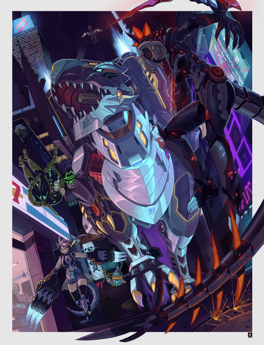 absurdres bodysuit dinomorphia_diplos dinomorphia_kentregina dinomorphia_rexterm dinomorphia_stealthbergia dinomorphia_therizia dinosaur dinosaur_tail duel_monster highres ki-sikil_(yu-gi-oh!) lil-la_(yu-gi-oh!) non-humanoid_robot reptile_girl robot robot_animal tail yu-gi-oh!