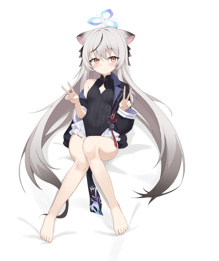 1girl absurdres animal_ear_fluff animal_ears bare_legs barefoot black_coat black_dress blue_archive brown_eyes china_dress chinese_clothes coat commentary_request double_v dress frilled_skirt frills grey_hair hair_between_eyes halo highres kokona_(blue_archive) long_hair long_sleeves looking_at_viewer low_twintails multicolored_hair open_clothes open_coat pelvic_curtain shi'er_jiang side_slit sidelocks simple_background sitting skirt solo streaked_hair tiger_ears tiger_girl toes twintails two-tone_hair v white_background white_skirt