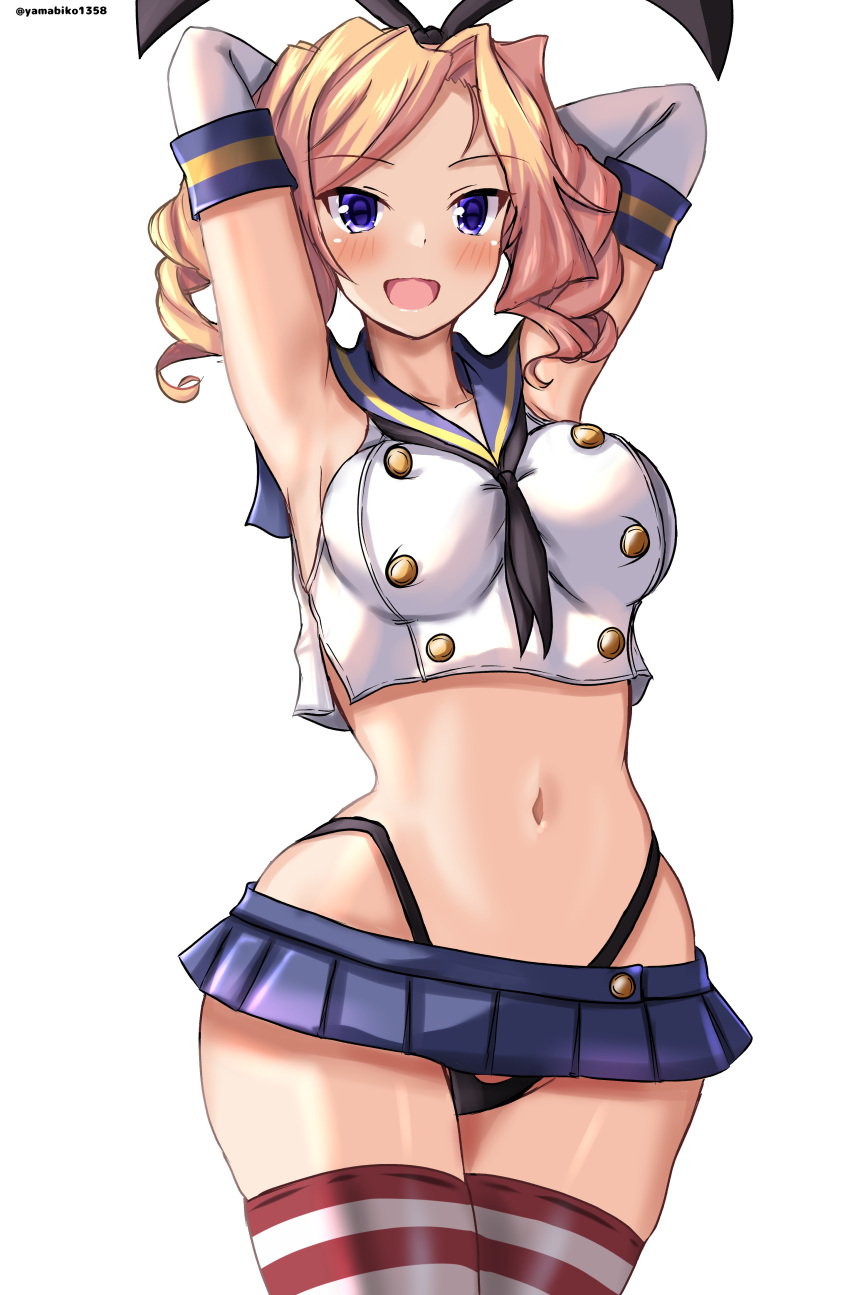 1girl absurdres black_hairband black_neckerchief black_panties blonde_hair blowing_bubbles blue_eyes blue_sailor_collar blue_skirt blush breasts cosplay crop_top drill_hair elbow_gloves gloves grey_background hairband highleg highleg_panties highres honolulu_(kancolle) kantai_collection large_breasts long_hair looking_at_viewer microskirt mizuki_(uzuki_no_sato) navel neckerchief one-hour_drawing_challenge open_mouth panties sailor_collar shimakaze_(kancolle) shimakaze_(kancolle)_(cosplay) skirt solo striped_clothes striped_thighhighs thighhighs thong twin_drills twitter_username underwear white_gloves