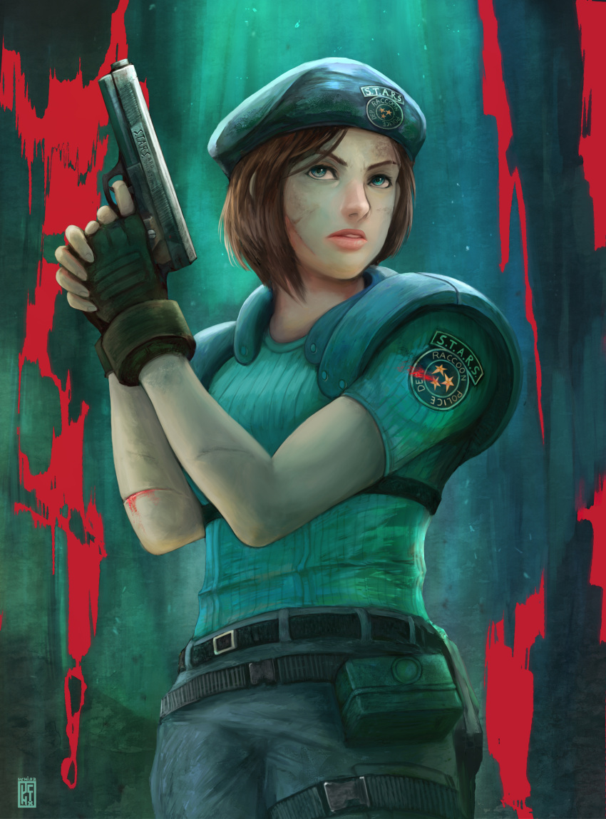 1girl absurdres belt beret black_belt blood blood_on_arm blue_eyes blue_pants blue_shirt brown_hair buckle cowboy_shot denim fingerless_gloves gloves gun handgun hat highres holding holding_gun holding_weapon injury jeans jill_valentine pants parted_lips police police_uniform policewoman resident_evil s.t.a.r.s._uniform shirt short_sleeves snap-fit_buckle solo uchi_vs_the_world uniform watermark weapon