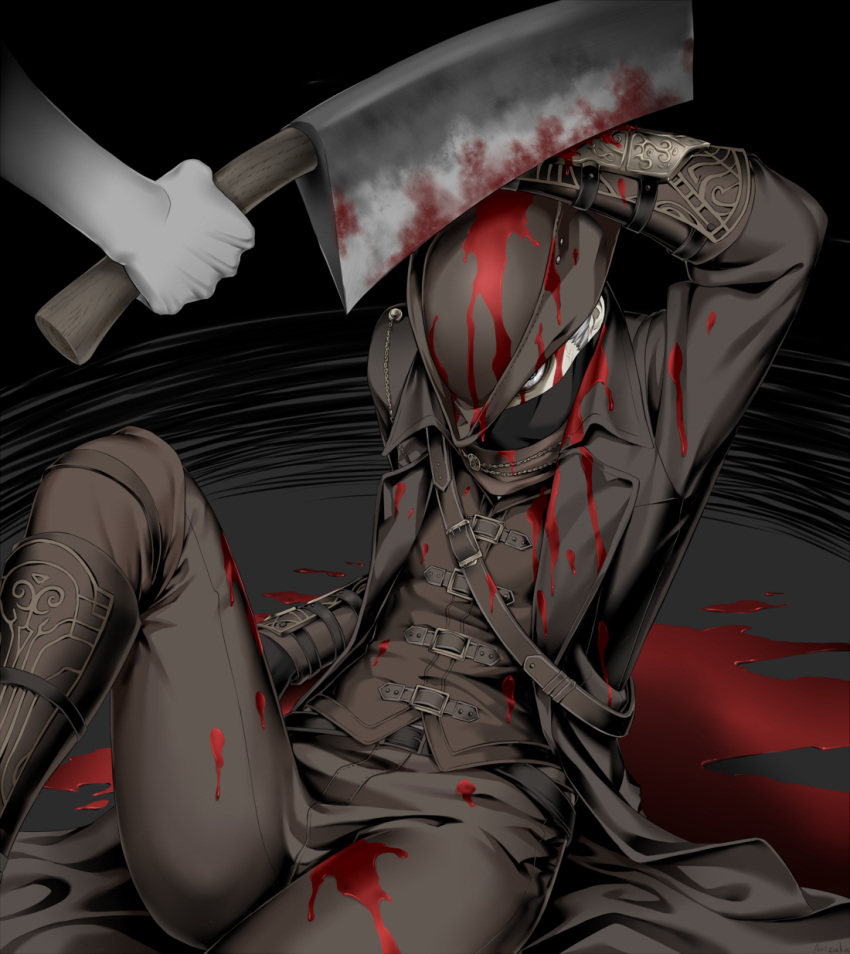 1boy arizuka_(catacombe) arm_up bandana belt black_background black_bandana black_belt black_gloves black_jacket black_pants blood blood_on_clothes blood_on_ground blood_on_weapon bloodborne cloak cowboy_hat gauntlets gloves guro hat highres hunter_(bloodborne) injury jacket open_clothes open_jacket pants weapon