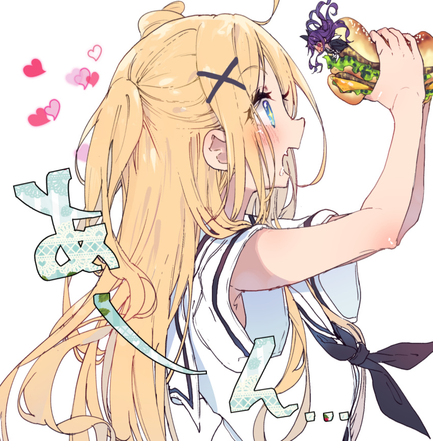 +_+ 2girls armpit_peek asymmetrical_hair black_neckerchief blonde_hair blue_eyes blush commentary_request drooling fang food hair_ornament hairclip hamayumiba_sou hana_n._fountainstand hanayamata heart highres holding holding_food long_hair looking_at_food mini_person minigirl multiple_girls neckerchief open_mouth purple_hair red_eyes sailor_collar saliva school_uniform sekiya_naru serafuku shirt short_sleeves sidelocks simple_background skin_fang submarine_sandwich two_side_up white_background white_sailor_collar white_shirt x_hair_ornament