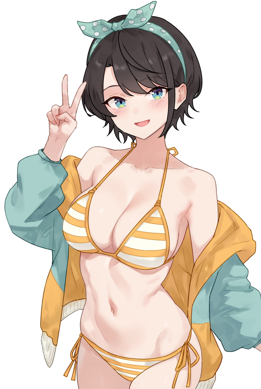 1girl absurdres bikini black_hair bluefield blush breasts collarbone green_eyes green_hairband green_jacket hairband hashtag-only_commentary highres hololive jacket long_sleeves looking_at_viewer medium_breasts navel official_alternate_costume oozora_subaru oozora_subaru_(hololive_summer_2019) open_clothes open_jacket open_mouth polka_dot_hairband short_hair side-tie_bikini_bottom simple_background smile solo stomach striped_bikini striped_clothes swimsuit v virtual_youtuber white_background