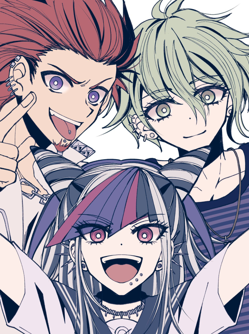 1girl 2boys amami_rantaro black_hair blue_hair danganronpa:_trigger_happy_havoc danganronpa_(series) danganronpa_2:_goodbye_despair danganronpa_v3:_killing_harmony ear_piercing green_eyes green_hair hair_between_eyes hair_horns highres jewelry kuwata_leon lip_piercing long_hair looking_at_viewer mioda_ibuki mouth_piercing multicolored_hair multiple_boys necklace open_mouth piercing pink_eyes pink_hair red_hair sailor_collar satori_(aosky9077) school_uniform shirt short_hair short_sleeves smile white_hair