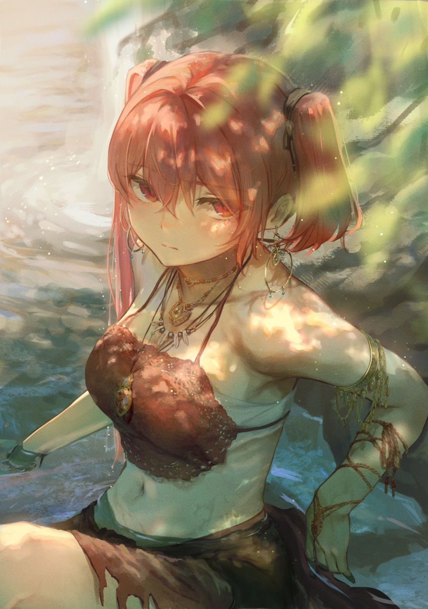 1girl armlet blurry bracelet breasts brown_skirt commentary_request crop_top dekalco depth_of_field earrings eyes_visible_through_hair gem highres hoop_earrings jewelry large_breasts multiple_necklaces navel necklace original partially_submerged pendant red_eyes red_hair ripples see-through see-through_shirt skirt solo twintails uneven_twintails water