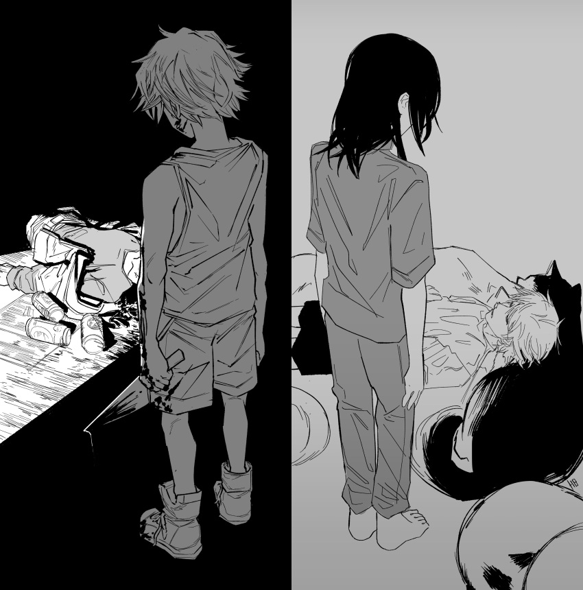 absurdres blood blood_on_weapon can cat chainsaw_man denji_(chainsaw_man) dog greyscale heartbreak_juan highres holding holding_knife knife lying meowy_(chainsaw_man) monochrome nayuta_(chainsaw_man) on_back pajamas shoes shorts sleeping sneakers split_screen tank_top weapon