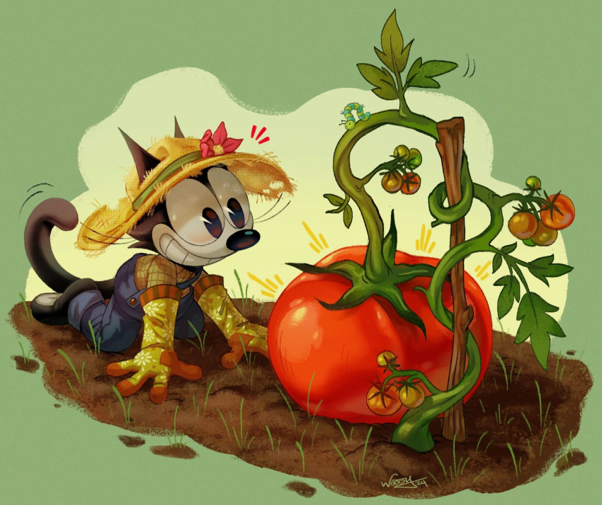 1boy cat_boy dated english_commentary felix_the_cat felix_the_cat_(series) flower food fruit furry furry_male gardening gloves grin hat hat_flower highres kneeling looking_at_food male_focus overalls shirt signature smile solo straw_hat teeth tomato toon_(style) whiskers woody_(beastlyfigurine) yellow_shirt