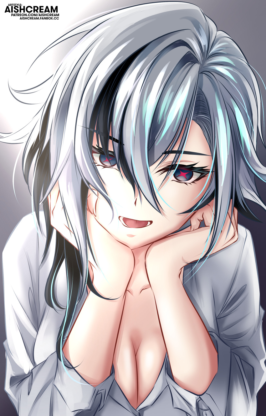 absurdres aishcream24 arlecchino_(genshin_impact) arlequino close-up genshin_impact grey_hair highres short_hair smug white_hair