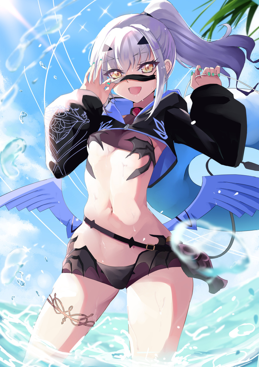 1girl absurdres bikini black_bikini breasts cropped_jacket dragon_wings fate/grand_order fate_(series) fish_bottle forked_eyebrows high_ponytail highres hooded_shrug jiejeat long_hair long_sleeves looking_at_viewer mask mask_pull melusine_(fate) melusine_(swimsuit_ruler)_(fate) melusine_(swimsuit_ruler)_(first_ascension)_(fate) mouth_mask navel removing_mask shrug_(clothing) sidelocks small_breasts smile solo stomach swimsuit tail thighlet thighs white_hair wings yellow_eyes