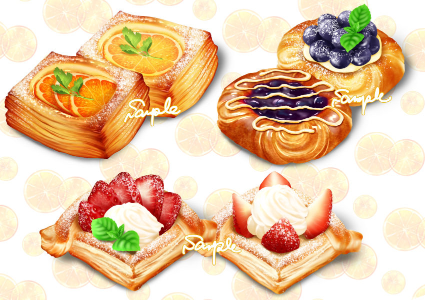 absurdres blueberry bread danish_pastry food food_focus fruit gyuunyuu_oume highres no_humans orange_(fruit) orange_slice original still_life strawberry sugar_(food) whipped_cream