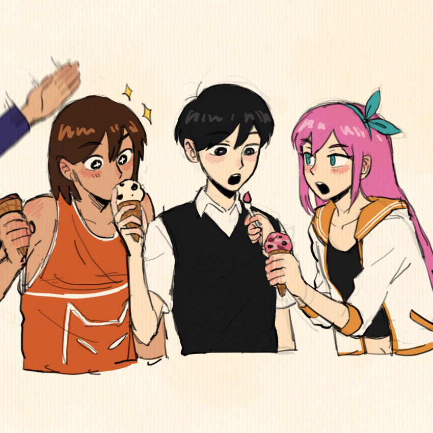 1girl 3boys aubrey_(faraway)_(omori) aubrey_(omori) black_eyes black_hair blue_eyes blush brown_hair collarbone crop_top dark-skinned_male dark_skin disembodied_limb food hero_(faraway)_(omori) hero_(omori) highres holding holding_ice_cream_cone holding_spoon ice_cream ice_cream_cone jacket kel_(faraway)_(omori) kel_(omori) long_sleeves looking_at_another multiple_boys navel omori open_mouth pink_hair short_hair spoon sunny_(omori) teeth twitwi_2468 upper_teeth_only white_jacket