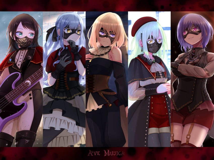 5girls ascot ave_mujica_(bang_dream!) bang_dream! bang_dream!_it's_mygo!!!!! bass_guitar black_ascot black_capelet black_corset black_gloves black_hair black_mask black_pants black_pantyhose black_shirt blonde_hair blue_brooch blue_eyes blue_hair boots cape capelet closed_mouth clothing_cutout collared_shirt commentary corset domino_mask earrings fukumaru1021 garter_straps gloves green_hair grey_skirt guitar hat highres holding holding_guitar holding_instrument instrument jewelry knee_boots long_hair mask medium_hair misumi_uika mouth_mask multiple_girls pants pantyhose parted_lips pink_eyes purple_eyes red_background red_cape red_hat red_shirt red_shorts see-through see-through_sleeves shirt shorts shoulder_cutout skirt smile thighhighs togawa_sakiko two-tone_pants two_side_up wakaba_mutsumi white_ascot white_pants yahata_umiri yellow_eyes yuutenji_nyamu