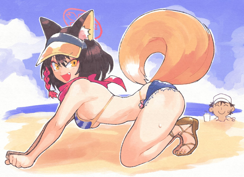 1boy 1girl all_fours animal_ear_fluff animal_ears ass beach bikini bikini_under_clothes blue_archive blue_bikini braid breasts brown_hair buried denim denim_shorts eyeshadow fang fox_ears fox_girl fox_tail from_side halo highleg highleg_bikini highres inkerton-kun izuna_(blue_archive) izuna_(swimsuit)_(blue_archive) looking_at_viewer makeup medium_breasts medium_hair micro_shorts official_alternate_costume open_mouth red_scarf sand sandals scarf sensei_(blue_archive) shorts single_braid solo_focus swimsuit tail visor_cap yellow_eyes