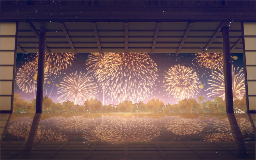 aerial_fireworks architecture east_asian_architecture field fireworks flower flower_field highres hoshino_mizuki_(hoshino_263f) indoors light_particles night night_sky no_humans original pillar reflective_floor scenery sky sunflower sunflower_field veranda wooden_floor