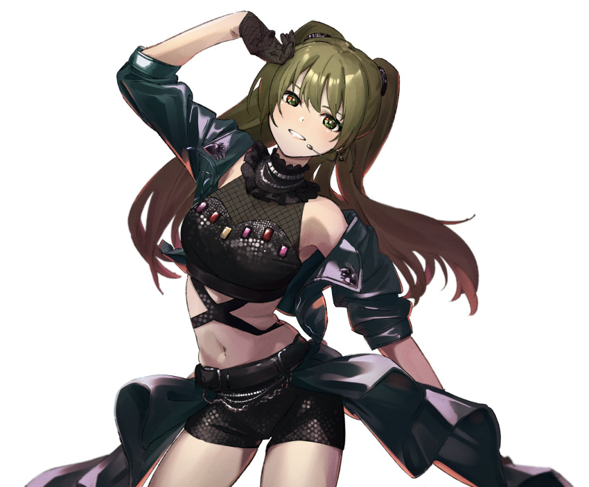 1girl arm_up black_shorts breasts cowboy_shot crop_top cropped_jacket earrings gem gloves green_eyes green_hair green_jacket headset highres idolmaster idolmaster_shiny_colors jacket jewelry long_hair medium_breasts microphone midriff morio926 nanakusa_nichika navel sarong short_shorts shorts simple_background sleeves_pushed_up solo twintails white_background