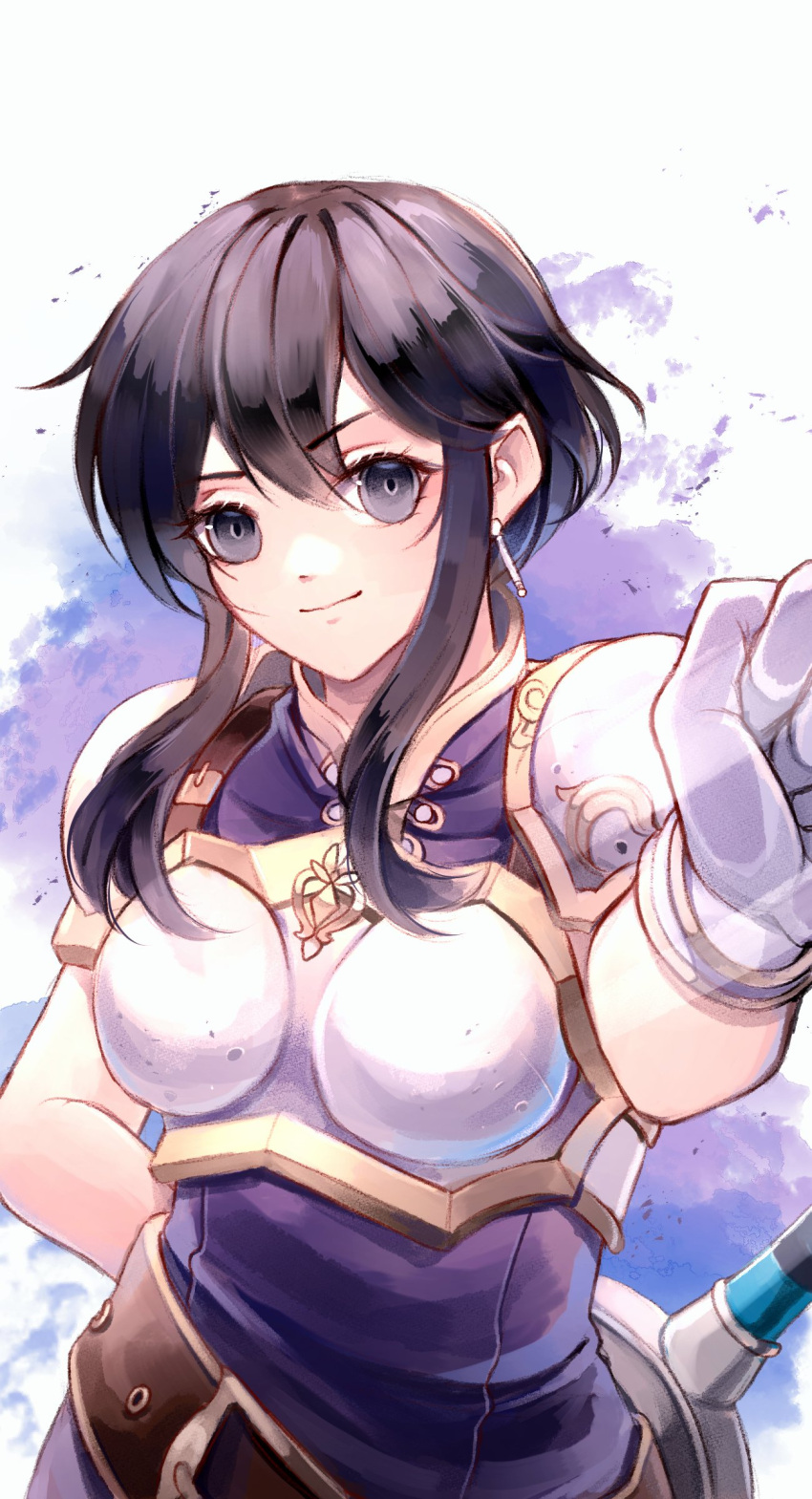 1girl absurdres arm_behind_back armor belt black_hair breastplate creyton earrings fire_emblem fire_emblem:_genealogy_of_the_holy_war glass gloves highres jewelry knocking larcei_(fire_emblem) looking_at_viewer purple_tunic sheath sheathed shoulder_armor sidelocks simple_background smile solo sword tunic weapon