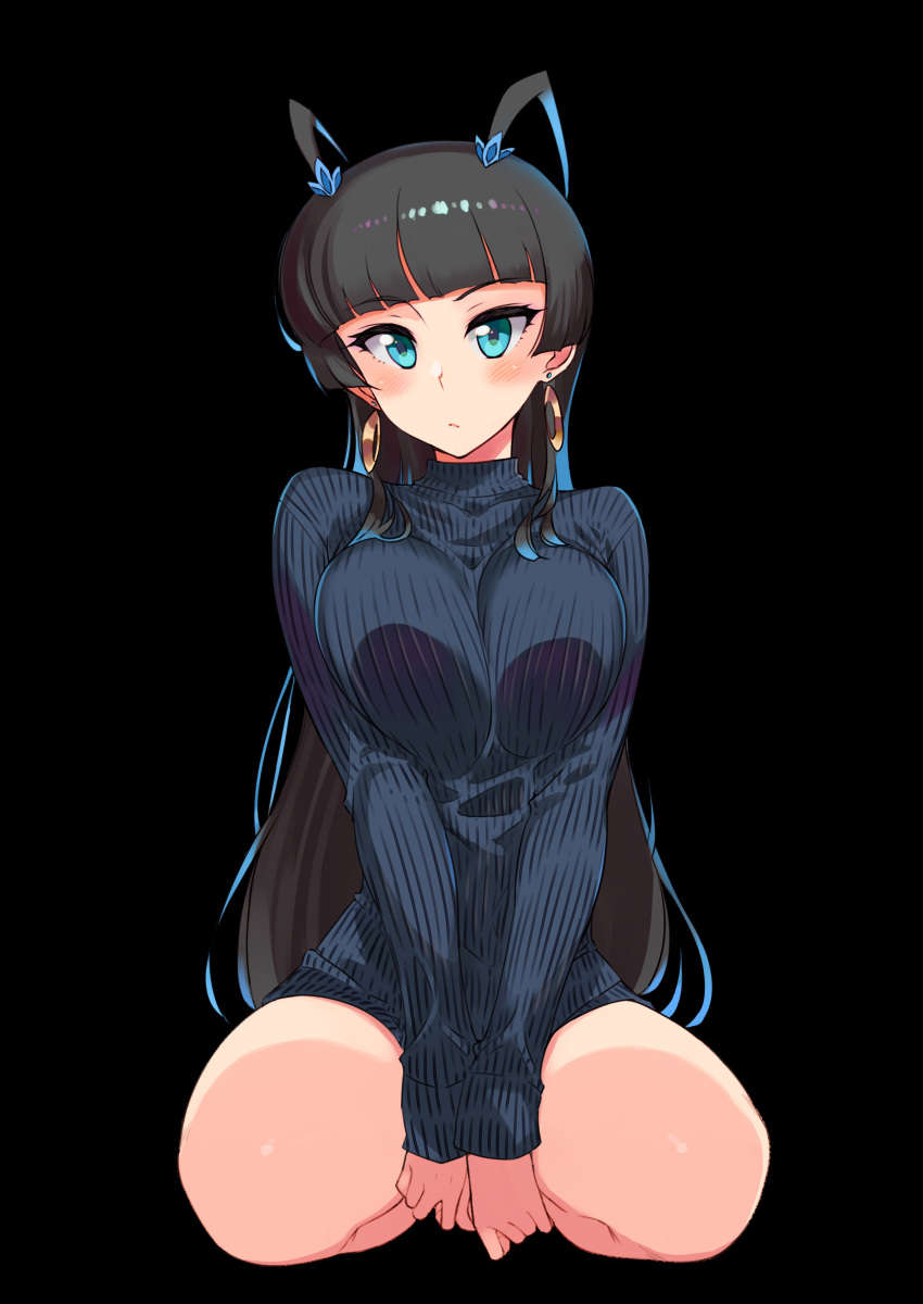 1girl absurdres black_background blue_eyes blue_sweater blunt_bangs blush breasts earrings highres hoop_earrings jewelry kagaminomachi_no_kaguya kaguya_(kagaminomachi_no_kaguya) kusanagi_tonbo large_breasts long_hair long_sleeves looking_at_viewer ribbed_sweater simple_background sitting solo sweater v_arms