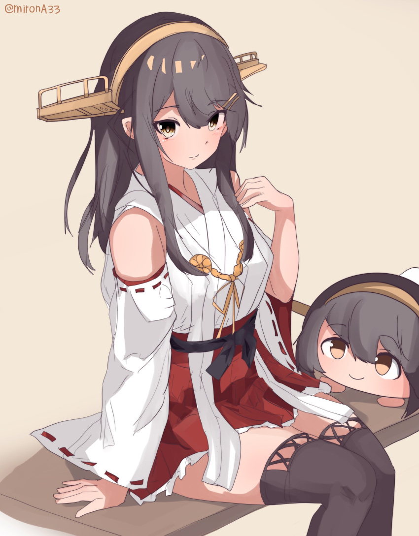 1girl black_hair black_thighhighs brown_background brown_eyes character_doll detached_sleeves feet_out_of_frame hair_ornament hairclip hakama hakama_skirt haruna_(kancolle) headgear highres japanese_clothes kantai_collection long_hair miron_(mirona33) multiple_views nontraditional_miko pleated_skirt red_skirt ribbon-trimmed_sleeves ribbon_trim sitting skirt thighhighs twitter_username