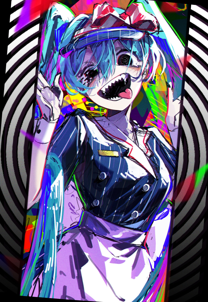 1girl abstract_background absurdres apron black_eyes black_mouth blue_dress blue_hair blue_hat bow buttons cowboy_shot double-breasted dress hair_bow hands_up hat hatsune_miku highres long_hair looking_at_viewer mesmerizer_(vocaloid) open_mouth puffy_short_sleeves puffy_sleeves sharp_teeth short_sleeves smile solo striped_bow tears teeth tel_teh twintails very_long_hair visor_cap vocaloid white_apron wrist_cuffs