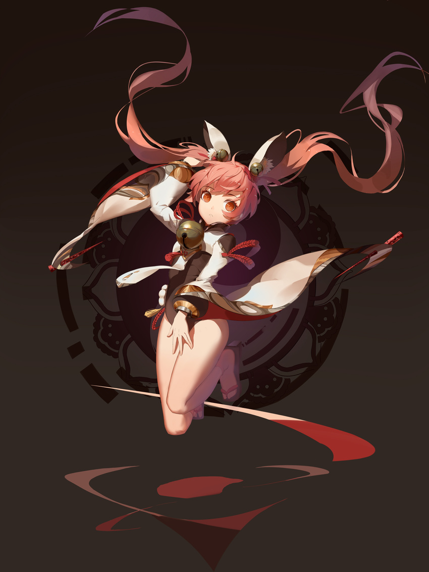 absurdres animal_ears arm_up bangs bell black_leotard brown_eyes closed_mouth copyright_request expressionless eyebrows_visible_through_hair full_body highres jingle_bell leotard long_hair looking_at_viewer no_socks red_flowers red_hair sandals solo thighs twintails wide_sleeves